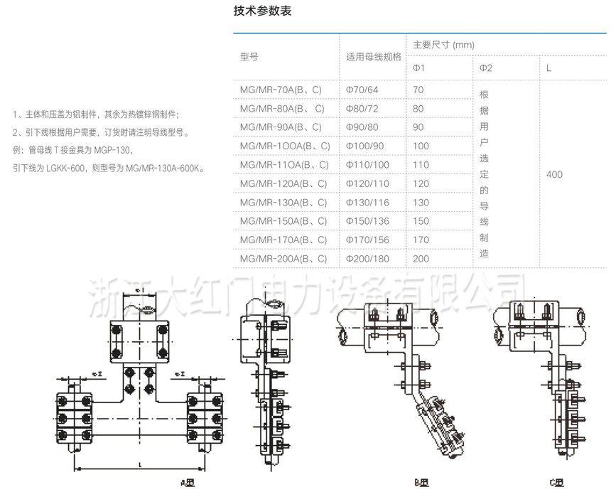 MG、MR-A型T型線夾（A型-水平、B型-30°、C型-90°）